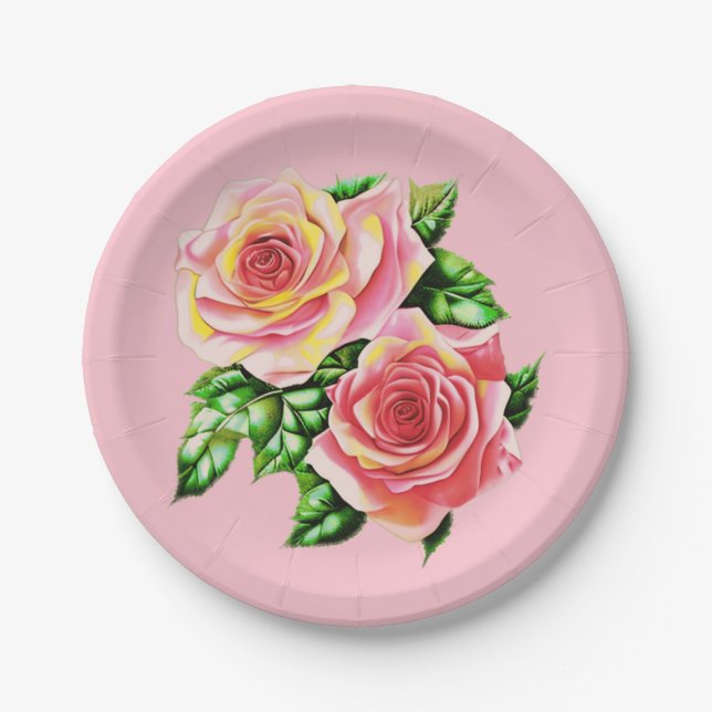 Coral Pink Roses mit Jade Green Blätter Pappteller (Vorderseite)