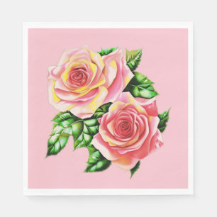 Coral Pink Roses mit Jade Green Blätter Serviette