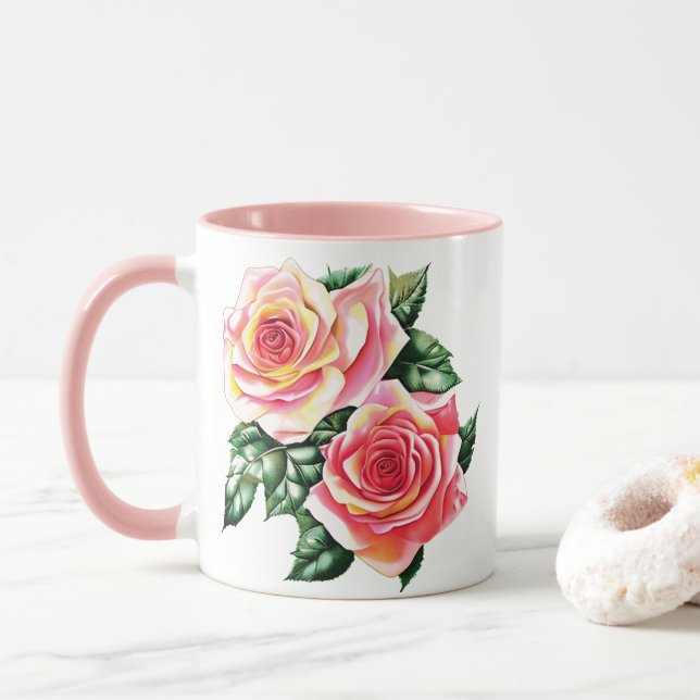 Coral Pink Roses und Jade Green Blätter Tasse (Mit Donut)