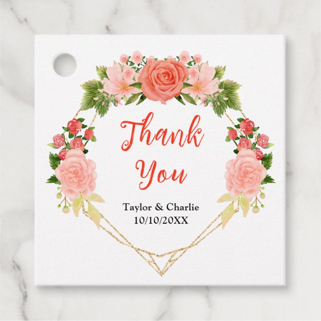 Coral Pink Rote Rosen Hochzeit Danke Geschenkanhänger (Vorderseite)