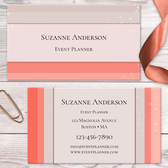 Coral Pink Sparkle Event Planner Business Card Visitenkarte (Elegant business card featuring a modern striped design in coral and peach with light sparkles)