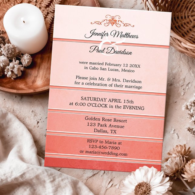 Coral Pink Ton sur Ton Striping Post Wedding Einladung (After wedding or post wedding invitation featuring a ton sur ton coral and pink striped design)