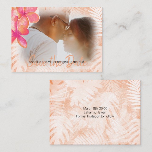 Coral Pink Tropical Plumeria Rett-the-Date Card Hinweiskarte (Vorne/Hinten)