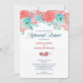 Coral Pink und Aqua Flora Hochzeit Probe Dinner Einladung