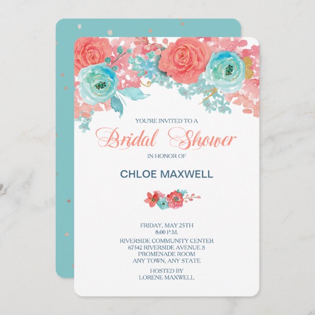 Coral Pink und Aqua Floral Brautparty laden Einladung (Vorne/Hinten)