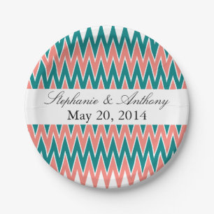 Coral Pink und Aquamarine Zigzag Wedding Pappteller