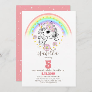 Coral Pink Unicorn RainBow Girl-Geburtstagskarten Einladung
