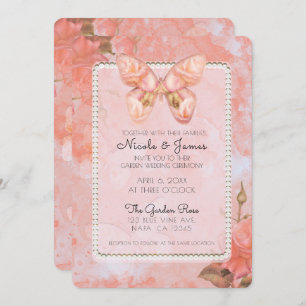 Coral Pink Vintag Butterfly Rose Elegante Hochzeit Einladung