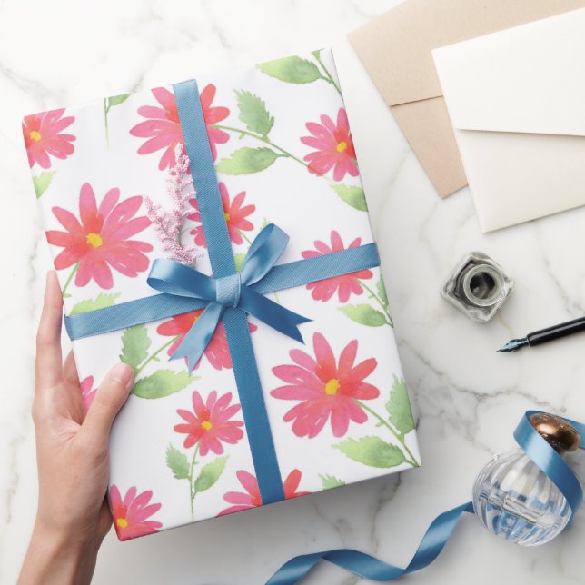 Coral Pink Watercolor Daisy Muster Geschenkpapier (Schenken)