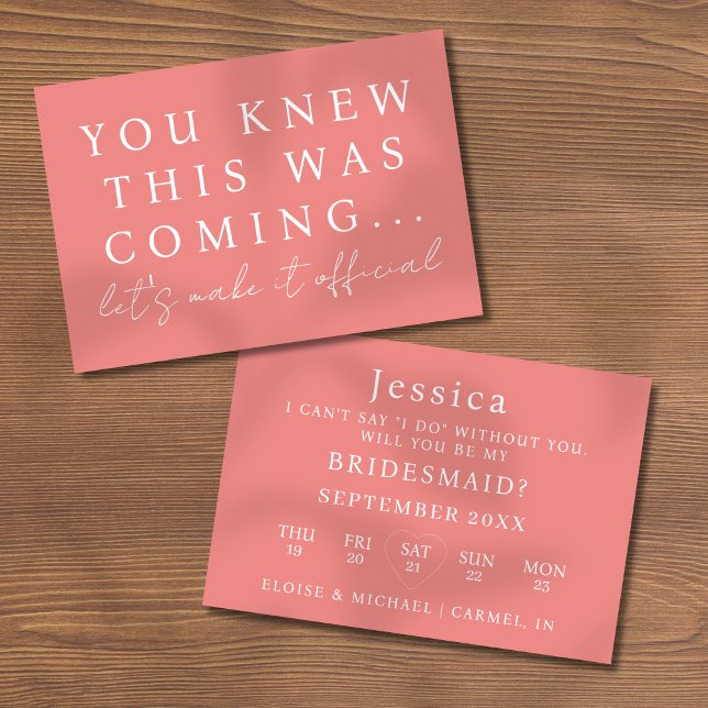 Coral Pink Will You Be My Bridesmaid Proposal Card Einladung (Pop the question to your bridal party with this Will You Be My Bridesmaid Proposal Card! )