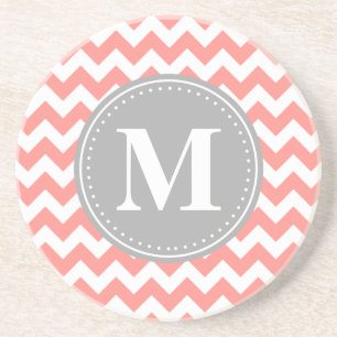 Coral Pink Zickzack Zigzag Grau Monogram Getränkeuntersetzer