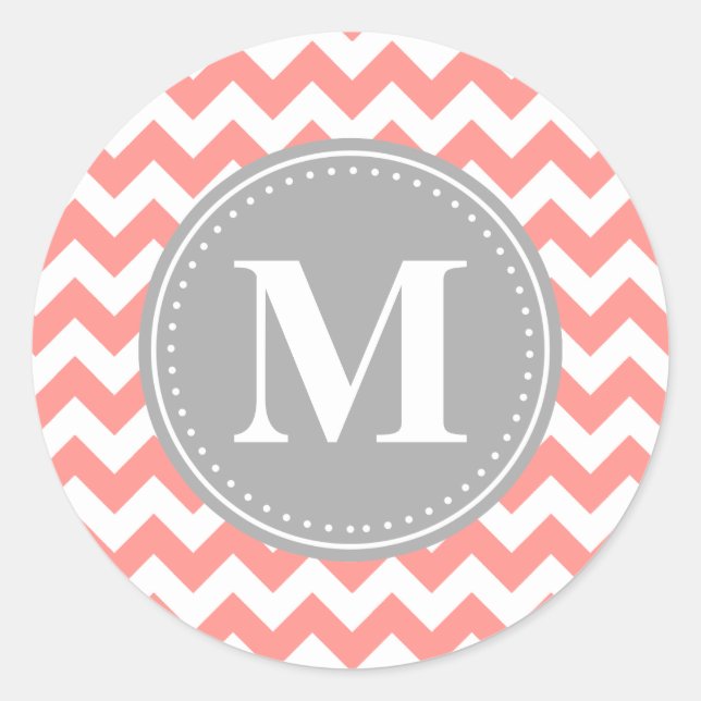 Coral Pink Zickzack Zigzag Grau Monogram Runder Aufkleber (Vorderseite)