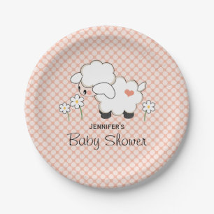 Coral Polka Dot Lamb Babydusche Pappteller