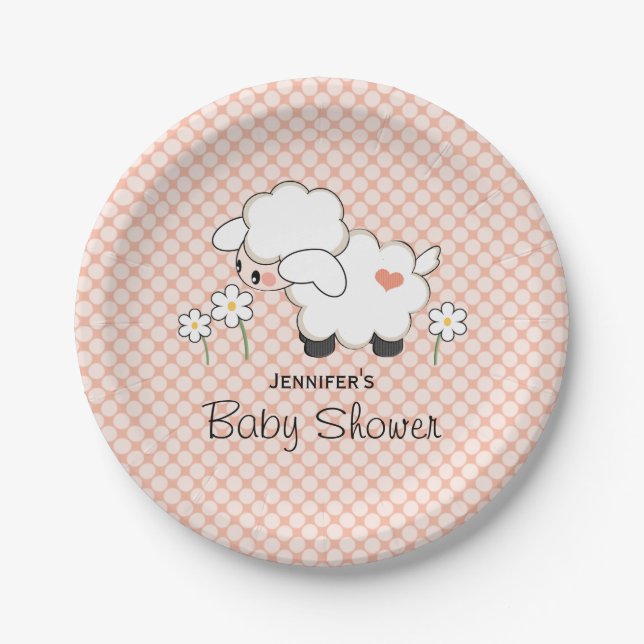 Coral Polka Dot Lamb Babydusche Pappteller (Vorderseite)