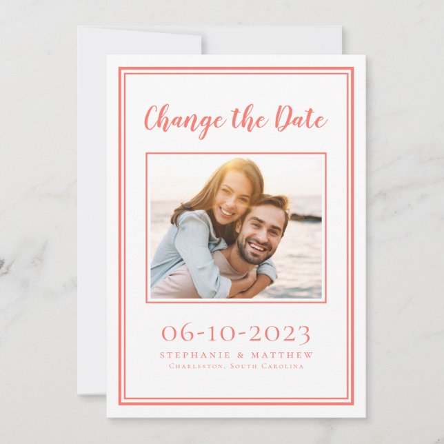 Coral Postponed Modern Wedding Foto Simple Save The Date (Vorderseite)