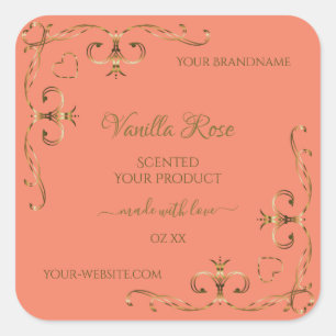 Coral Product Labels Gold Verziert Corner Border Quadratischer Aufkleber
