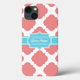 Coral Quatrefoil Aqua Personalisierter Name N1 iPhone 13 Hülle