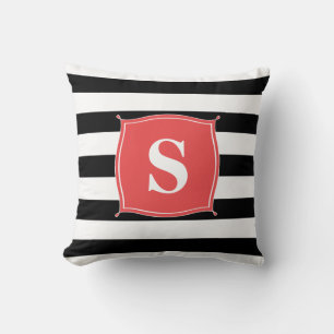 Coral Red & Black Monogram Striping   Kissen