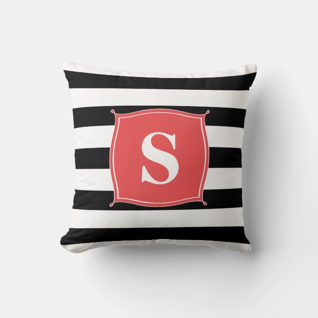 Coral Red & Black Monogram Striping | Kissen (Vorderseite)