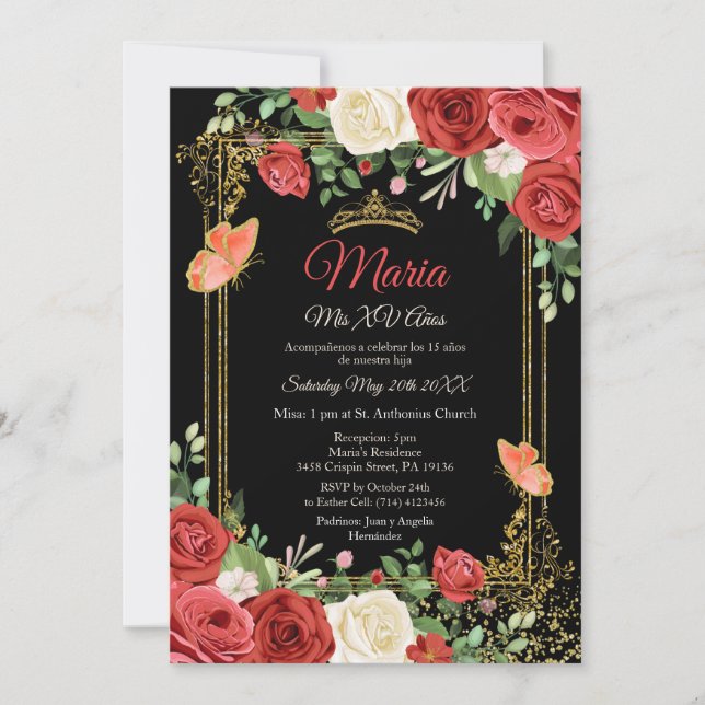 Coral Red Blume Butterfly Mis XV Anos Birthday Einladung (Vorderseite)