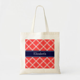 Coral Red Fancy Quatrefoil Navy Name Monogram Tragetasche