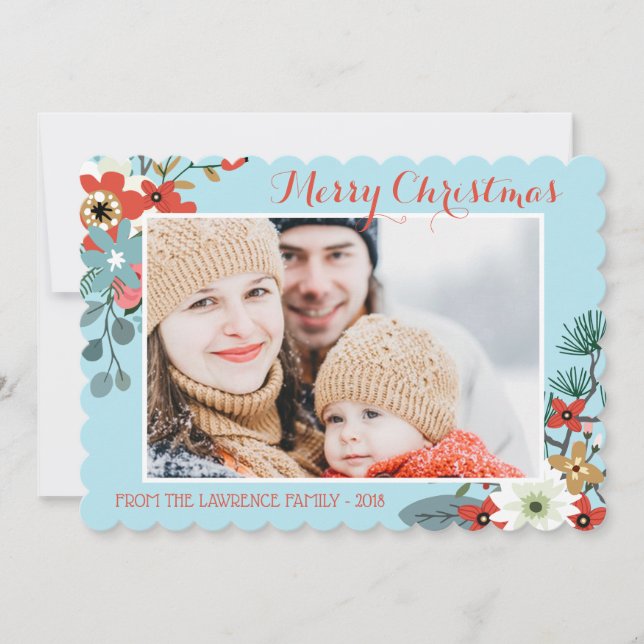 Coral Red Floral Blue Weihnachten Foto (Vorderseite)