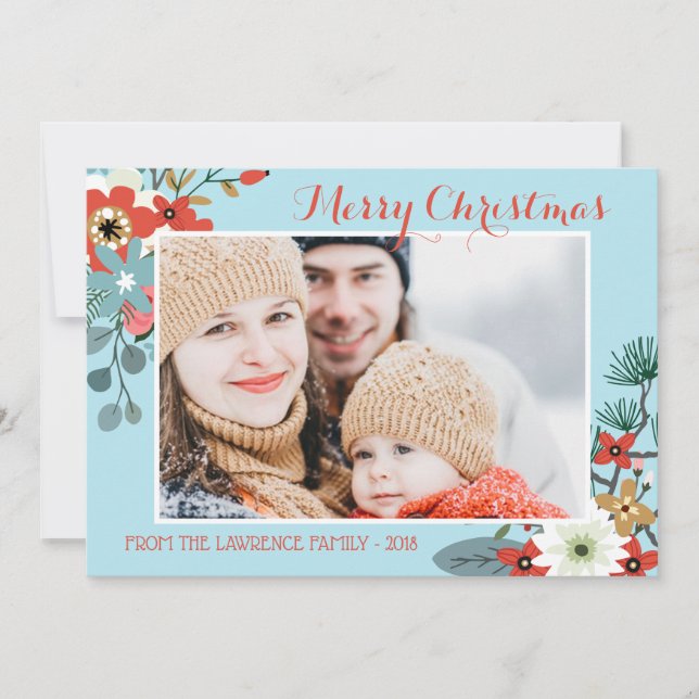 Coral Red Floral Blue Weihnachten Foto (Vorderseite)