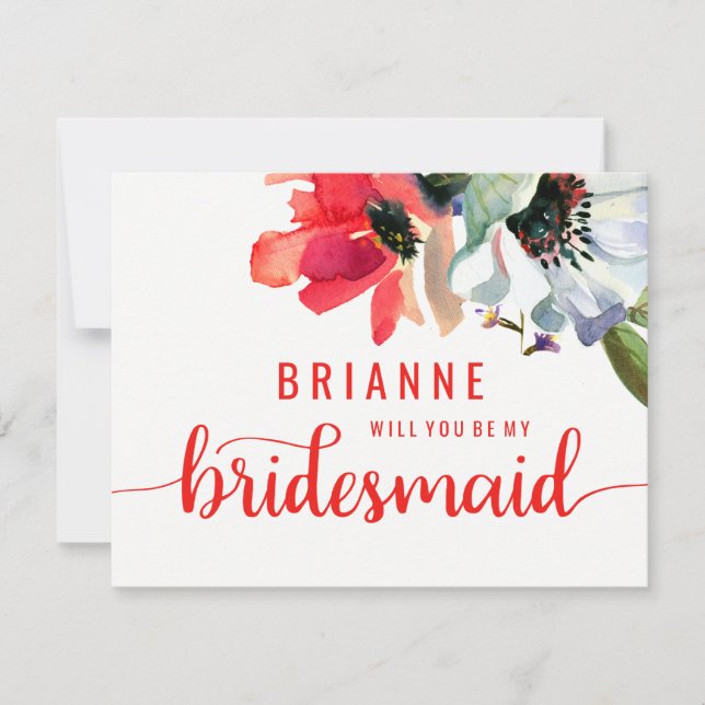 Coral Red Poppy Floral werden Sie meine Bridesmaid Einladung (Vorderseite)