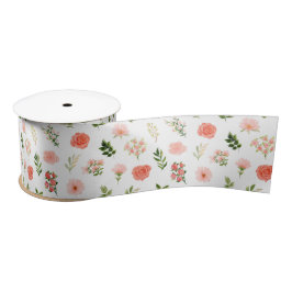 Coral Red Roses and Foliage Pattern Satinband