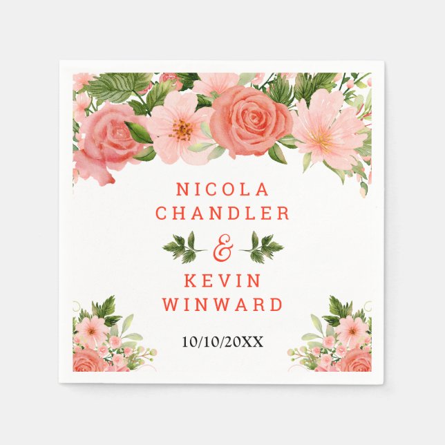 Coral Red Roses with Foliage Serviette (Vorderseite)