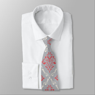 Coral Red und Cream Damask on Silver Gray Krawatte