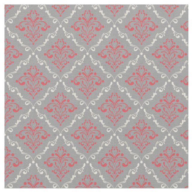 Coral Red und Cream Damask on Silver Gray Stoff (Nahaufnahme)