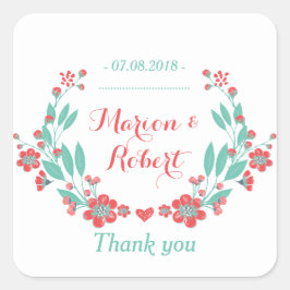 Coral Red Vintage Blume Hochzeit Dankeschön Sticke Quadratischer Aufkleber