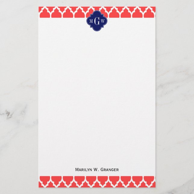 Coral Red Whart Marokkaner #4 Navy Name Monogram Briefpapier (Vorderseite)
