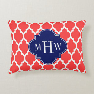 Coral Red Whart Marokkaner #4 Navy Name Monogram Zierkissen