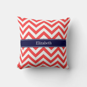 Coral Red White LG Chevron Navy Blue Name Monogram Kissen