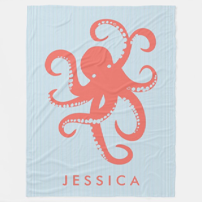 Coral Red White Niedlich Octopus Illustration Fleecedecke (Vorderseite)