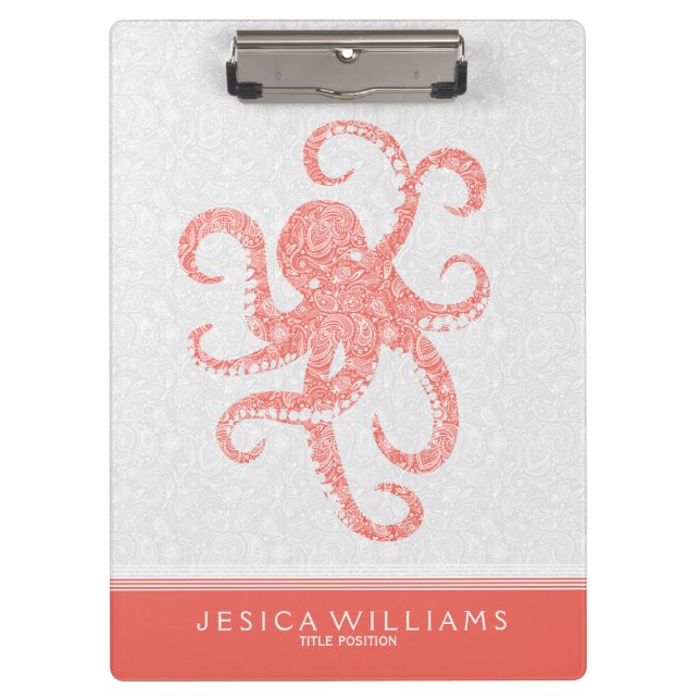 Coral Red White Niedlich Octopus Illustration Klemmbrett (Vorderseite)