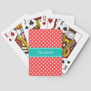 Coral Red, White Polka Dots Monogram, Aquamariner Spielkarten
