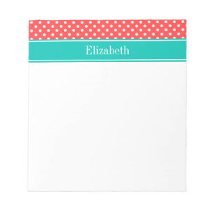 Coral Red, White Polka Dots Teal Name Monogram Notizblock