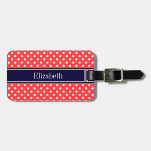 Coral Red, Wht Polka Dots Navy Name Monogram Gepäckanhänger
