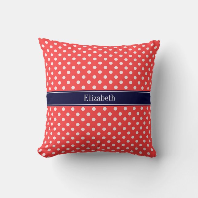 Coral Red, Wht Polka Dots Navy Name Monogram Kissen (Vorderseite)