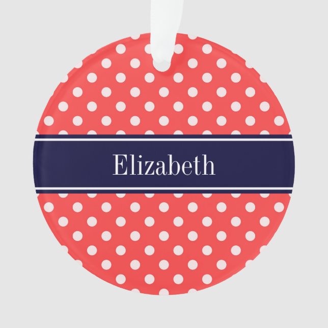 Coral Red, Wht Polka Dots Navy Name Monogram Ornament (Vorderseite)