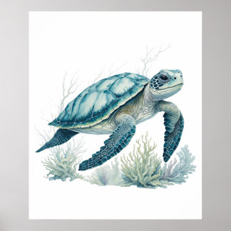 Coral Reef Explorer - Aquarellschildkröte in einer Poster