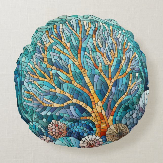 Coral Reef Mosaik Art Rundes Kissen (Vorderseite)