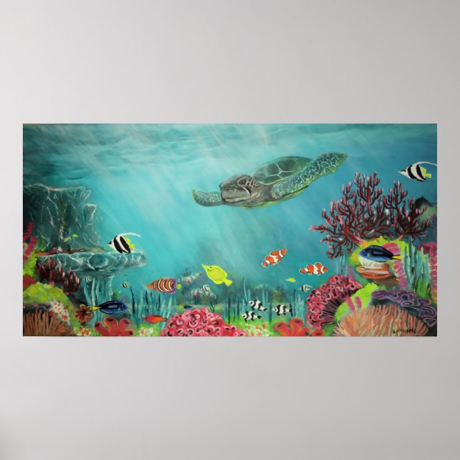 Coral Reef Sea Turtle Print Poster (Vorne)