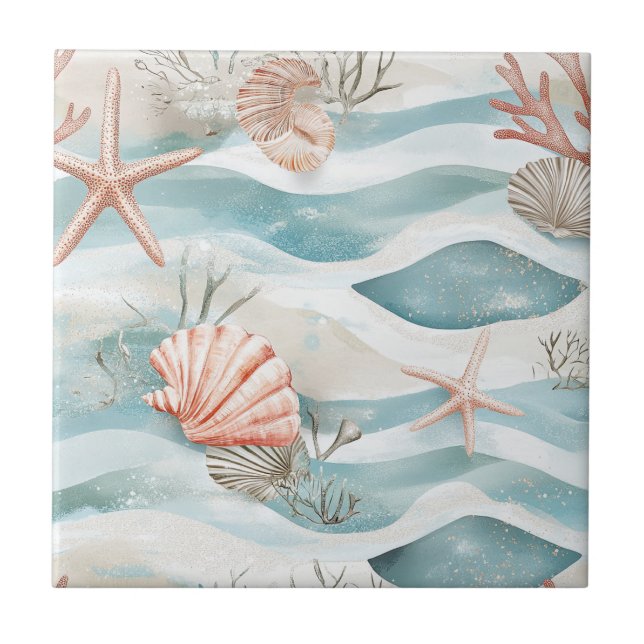 Coral Reef Seashells & Aqua Waves Pattern (4) Fliese (Vorderseite)