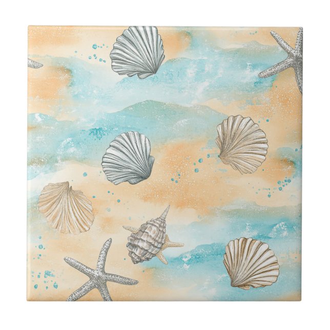 Coral Reef Seashells & Aqua Waves Pattern (5) Fliese (Vorderseite)