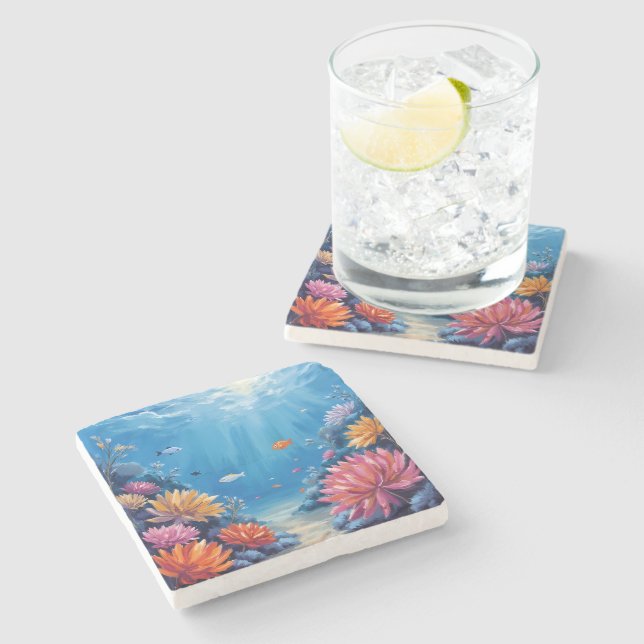 Coral Reef Under the Sea Ocean Painting Steinuntersetzer (Seitenansicht)