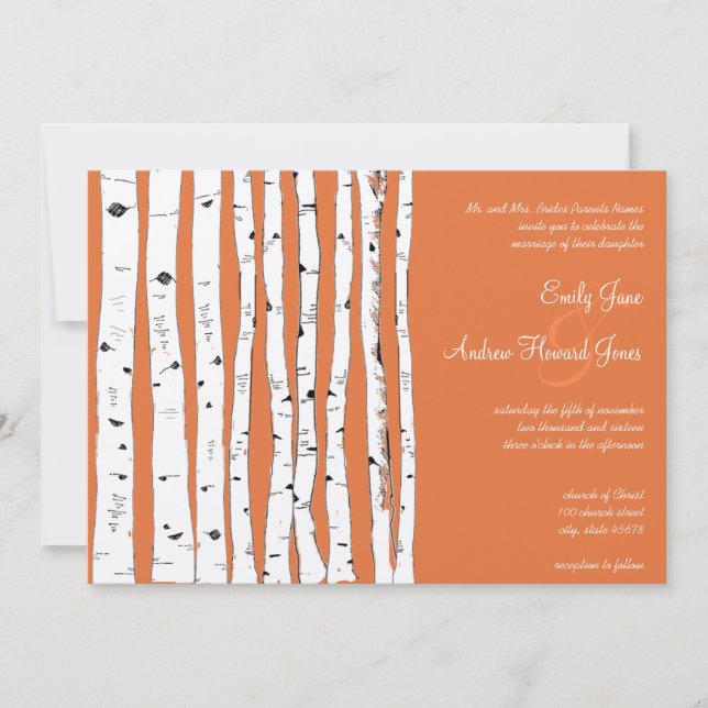 Coral Rose Birch Tree Hochzeitseinladungen Einladung (Vorderseite)